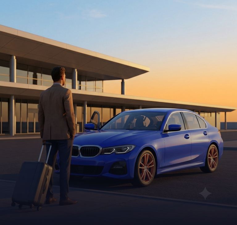 Un voyageur rejoint la voiture réservée qui l’attend devant l’aéroport.