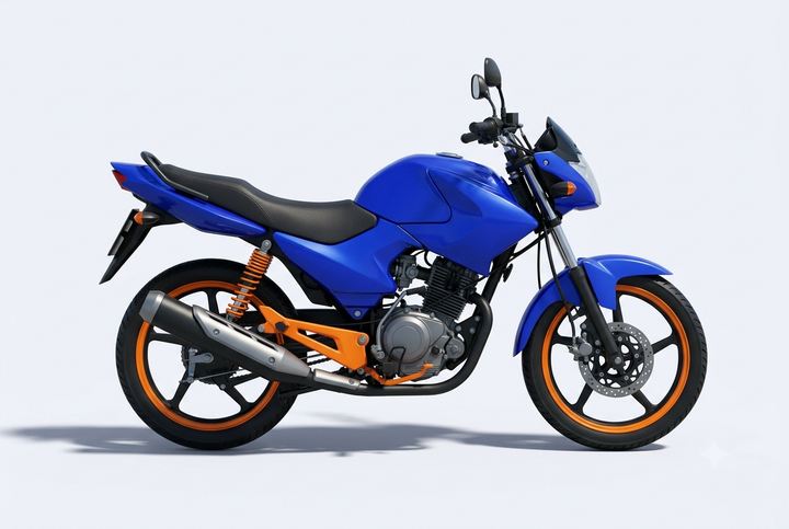 Une moto aux couleurs JARIV, vue de profil.