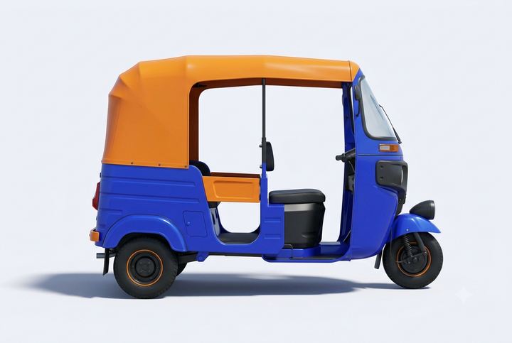 Un tricycle aux couleurs JARIV, vu de profil.